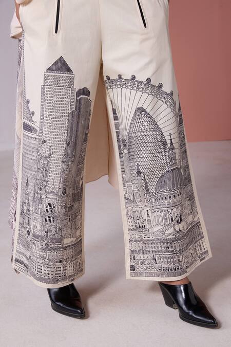 Shop_Jyoti Sachdev Iyer_Gold Slub Organza Tissue Printed New York Jacket Open Asymmetric With Pant Set _Online_at_Aza_Fashions