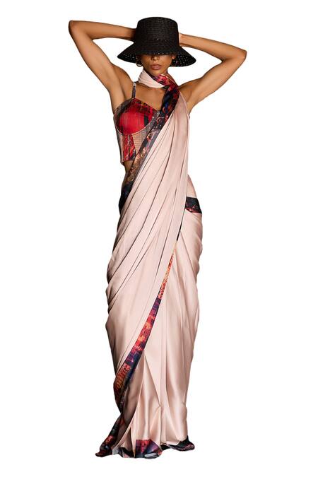 Jyoti Sachdev Iyer_Peach Satin, Lycra Sweetheart New York Border Print Pre-draped Saree With Corset _Online_at_Aza_Fashions