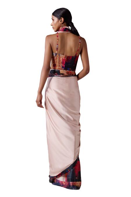 Shop_Jyoti Sachdev Iyer_Peach Satin, Lycra Sweetheart New York Border Print Pre-draped Saree With Corset _Online_at_Aza_Fashions