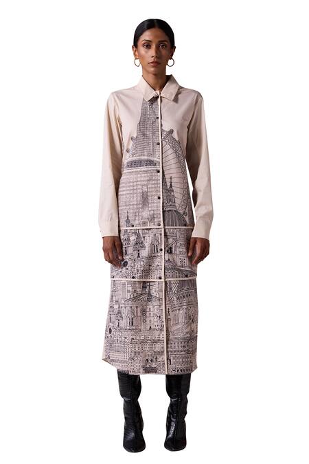 Jyoti Sachdev Iyer_Beige Cotton Printed London Collar Dress _Online_at_Aza_Fashions