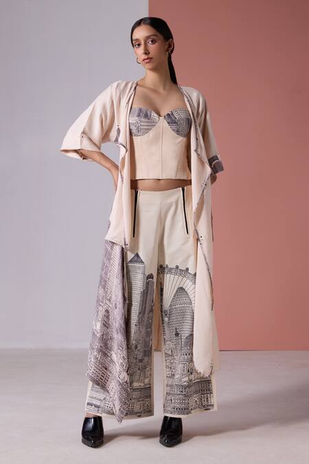 Jyoti Sachdev Iyer_Beige Linen Satin Printed London Open Cape _Online_at_Aza_Fashions