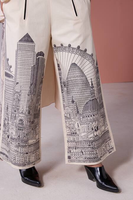 Shop_Jyoti Sachdev Iyer_Beige Linen Satin Printed London Placement Trouser _Online_at_Aza_Fashions