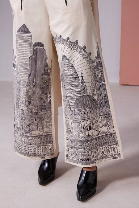 Jyoti Sachdev Iyer_Beige Linen Satin Printed London Placement Trouser _at_Aza_Fashions