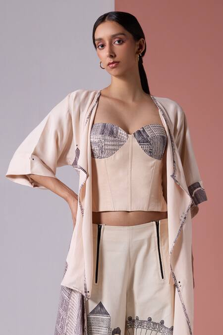 Jyoti Sachdev Iyer_Beige Linen Satin Printed London Placement Corset _Online_at_Aza_Fashions