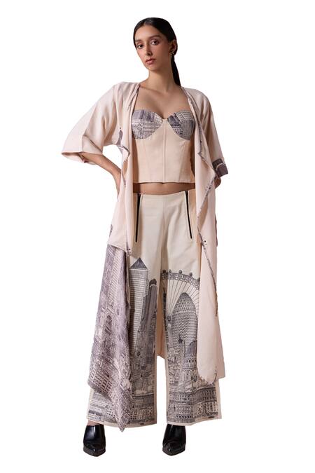 Buy_Jyoti Sachdev Iyer_Beige Linen Satin Printed London Placement Corset _Online_at_Aza_Fashions
