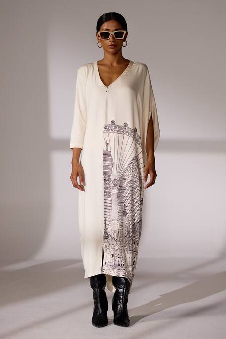 Jyoti Sachdev Iyer_Off White Stretch Modal Printed London V Neck Placement Dress _Online_at_Aza_Fashions