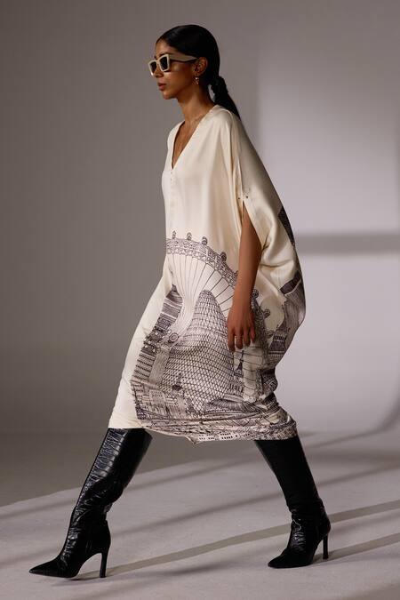 Buy_Jyoti Sachdev Iyer_Off White Stretch Modal Printed London V Neck Placement Dress _Online_at_Aza_Fashions