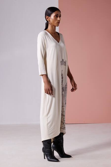 Shop_Jyoti Sachdev Iyer_Off White Stretch Modal Printed London V Neck Placement Dress _Online_at_Aza_Fashions