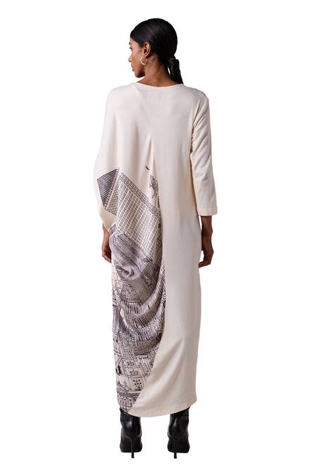 Jyoti Sachdev Iyer_Off White Stretch Modal Printed London V Neck Placement Dress _at_Aza_Fashions