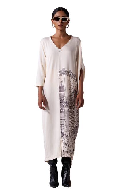 Buy_Jyoti Sachdev Iyer_Off White Stretch Modal Printed London V Neck Placement Dress 