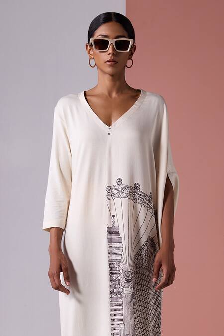 Shop_Jyoti Sachdev Iyer_Off White Stretch Modal Printed London V Neck Placement Dress 