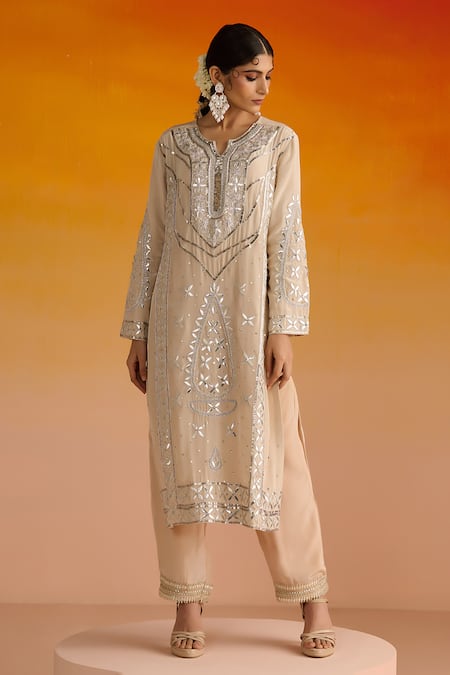 Shop OHH CROW Beige Crepe, Cotton, Chiffon Sequins, Zari Hand Embroidered Kurta Pant Set at Aza Fashions Shop_OHH CROW_Beige Crepe, Cotton, Chiffon Sequins, Zari Hand Embroidered Kurta Pant Set _at_Aza_Fashions