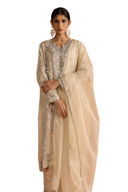 OHH CROW Beige Crepe, Cotton, Chiffon Sequins, Zari Hand Embroidered Kurta Pant Set Online at Aza Fashions OHH CROW_Beige Crepe, Cotton, Chiffon Sequins, Zari Hand Embroidered Kurta Pant Set _Online_at_Aza_Fashions