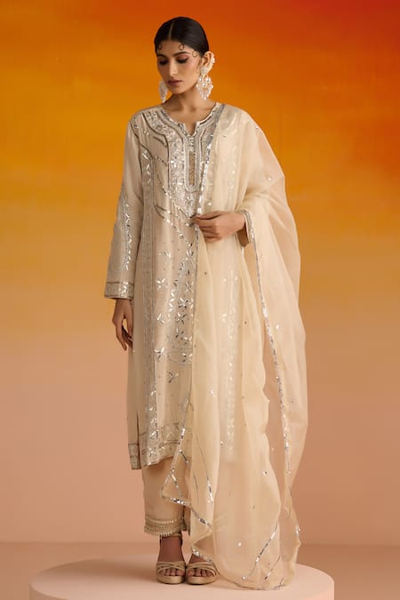 Buy OHH CROW Beige Crepe, Cotton, Chiffon Sequins, Zari Hand Embroidered Kurta Pant Set Online at Aza Fashions Buy_OHH CROW_Beige Crepe, Cotton, Chiffon Sequins, Zari Hand Embroidered Kurta Pant Set _Online_at_Aza_Fashions