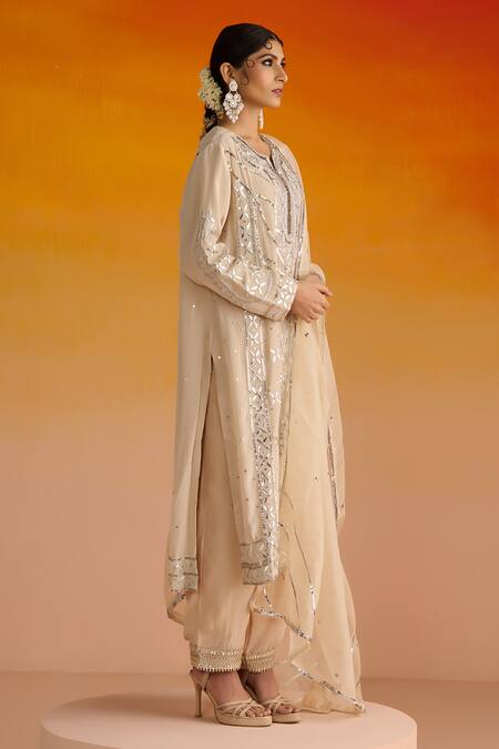 Shop OHH CROW Beige Crepe, Cotton, Chiffon Sequins, Zari Hand Embroidered Kurta Pant Set Online at Aza Fashions Shop_OHH CROW_Beige Crepe, Cotton, Chiffon Sequins, Zari Hand Embroidered Kurta Pant Set _Online_at_Aza_Fashions