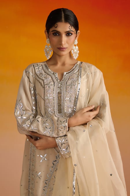 OHH CROW Beige Crepe, Cotton, Chiffon Sequins, Zari Hand Embroidered Kurta Pant Set at Aza Fashions OHH CROW_Beige Crepe, Cotton, Chiffon Sequins, Zari Hand Embroidered Kurta Pant Set _at_Aza_Fashions