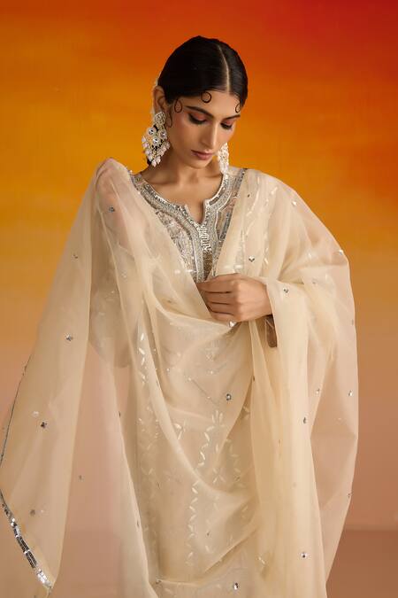 Buy OHH CROW Beige Crepe, Cotton, Chiffon Sequins, Zari Hand Embroidered Kurta Pant Set Buy_OHH CROW_Beige Crepe, Cotton, Chiffon Sequins, Zari Hand Embroidered Kurta Pant Set