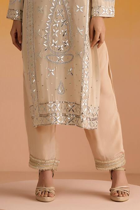 Shop OHH CROW Beige Crepe, Cotton, Chiffon Sequins, Zari Hand Embroidered Kurta Pant Set Shop_OHH CROW_Beige Crepe, Cotton, Chiffon Sequins, Zari Hand Embroidered Kurta Pant Set