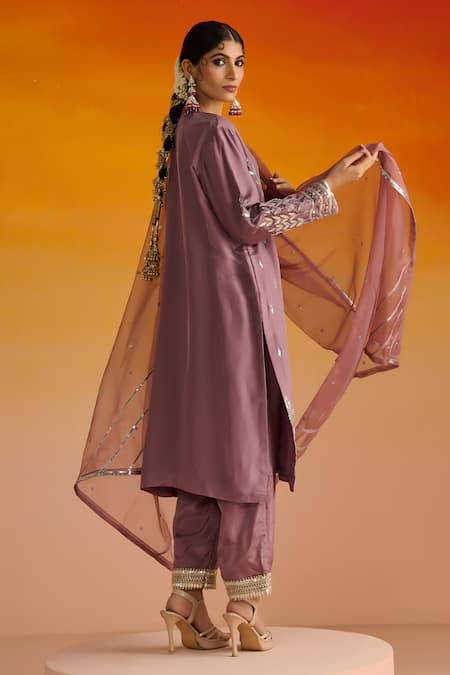Shop OHH CROW Purple Silk, Cotton Gota Patti, Sequins, Flower Motif Kurta Pant Set at Aza Fashions Shop_OHH CROW_Purple Silk, Cotton Gota Patti, Sequins, Flower Motif Kurta Pant Set _at_Aza_Fashions