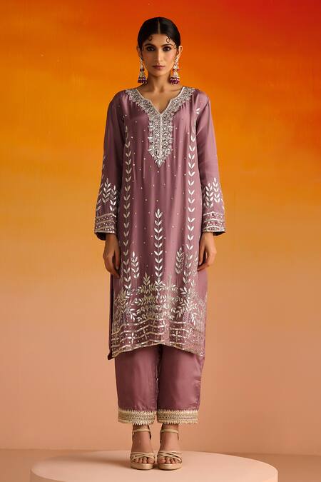 OHH CROW Purple Silk, Cotton Gota Patti, Sequins, Flower Motif Kurta Pant Set Online at Aza Fashions OHH CROW_Purple Silk, Cotton Gota Patti, Sequins, Flower Motif Kurta Pant Set _Online_at_Aza_Fashions