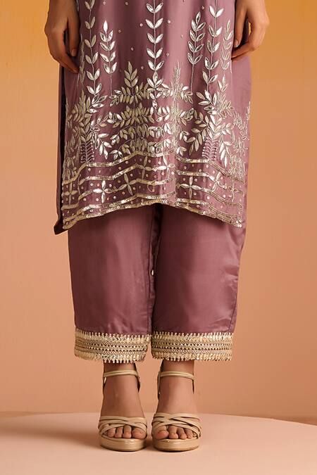 Buy OHH CROW Purple Silk, Cotton Gota Patti, Sequins, Flower Motif Kurta Pant Set Online at Aza Fashions Buy_OHH CROW_Purple Silk, Cotton Gota Patti, Sequins, Flower Motif Kurta Pant Set _Online_at_Aza_Fashions