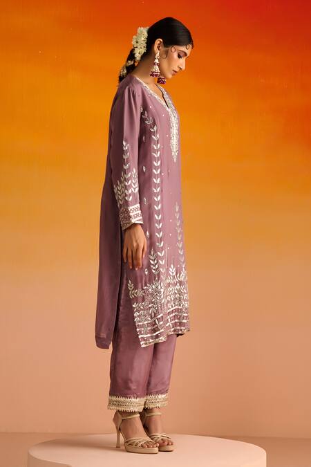 Shop OHH CROW Purple Silk, Cotton Gota Patti, Sequins, Flower Motif Kurta Pant Set Online at Aza Fashions Shop_OHH CROW_Purple Silk, Cotton Gota Patti, Sequins, Flower Motif Kurta Pant Set _Online_at_Aza_Fashions
