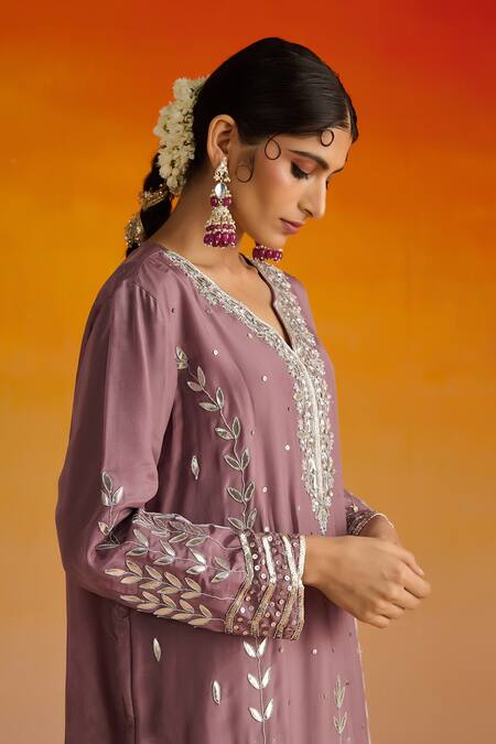 OHH CROW Purple Silk, Cotton Gota Patti, Sequins, Flower Motif Kurta Pant Set at Aza Fashions OHH CROW_Purple Silk, Cotton Gota Patti, Sequins, Flower Motif Kurta Pant Set _at_Aza_Fashions