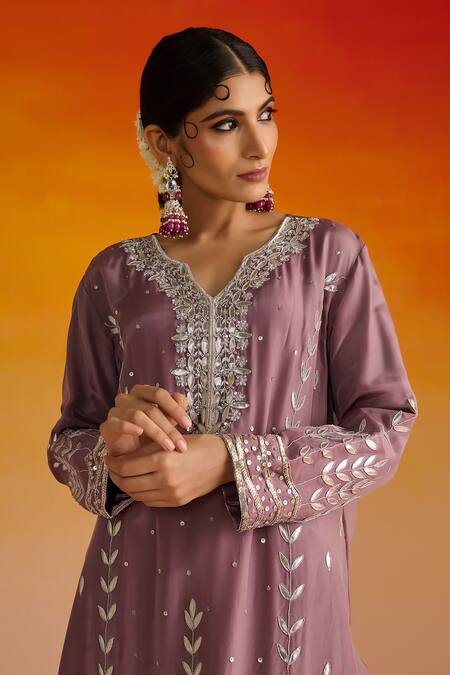 Buy OHH CROW Purple Silk, Cotton Gota Patti, Sequins, Flower Motif Kurta Pant Set Buy_OHH CROW_Purple Silk, Cotton Gota Patti, Sequins, Flower Motif Kurta Pant Set