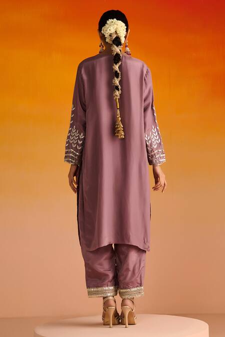Shop OHH CROW Purple Silk, Cotton Gota Patti, Sequins, Flower Motif Kurta Pant Set Shop_OHH CROW_Purple Silk, Cotton Gota Patti, Sequins, Flower Motif Kurta Pant Set