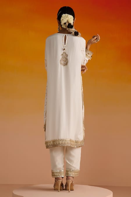 Shop_OHH CROW_Ivory Crepe, Cotton Sequins, Diamonds, Paisley Motif Embroidered Kurta Pant Set _at_Aza_Fashions