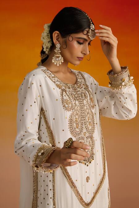 OHH CROW_Ivory Crepe, Cotton Sequins, Diamonds, Paisley Motif Embroidered Kurta Pant Set _Online_at_Aza_Fashions