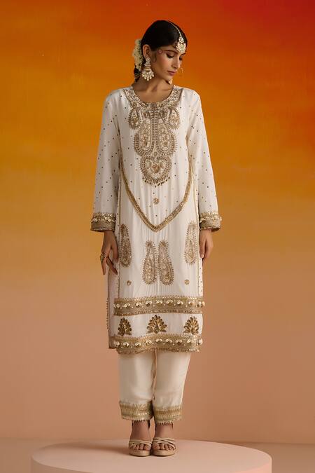 Buy_OHH CROW_Ivory Crepe, Cotton Sequins, Diamonds, Paisley Motif Embroidered Kurta Pant Set _Online_at_Aza_Fashions