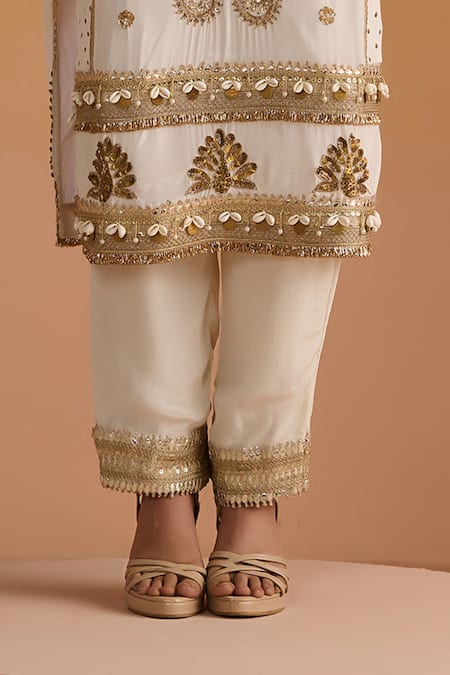 Shop_OHH CROW_Ivory Crepe, Cotton Sequins, Diamonds, Paisley Motif Embroidered Kurta Pant Set _Online_at_Aza_Fashions