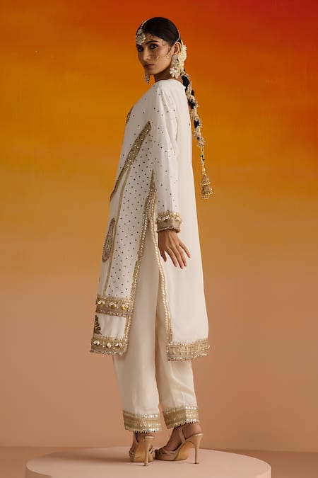 OHH CROW_Ivory Crepe, Cotton Sequins, Diamonds, Paisley Motif Embroidered Kurta Pant Set _at_Aza_Fashions