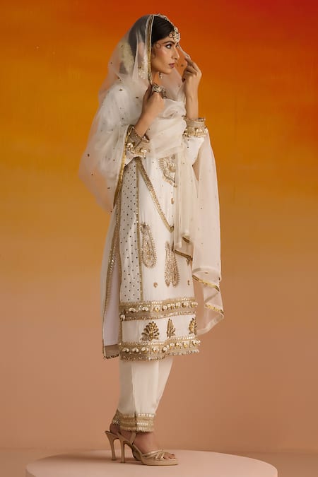 Shop_OHH CROW_Ivory Crepe, Cotton Sequins, Diamonds, Paisley Motif Embroidered Kurta Pant Set 