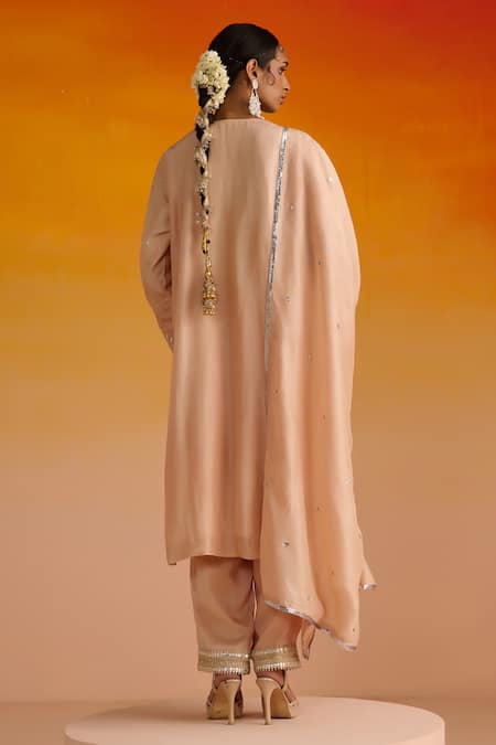 Shop OHH CROW Peach Silk, Cotton Gota Patti, Sequins, Embroidery Floral Motif Kurta Pant Set at Aza Fashions Shop_OHH CROW_Peach Silk, Cotton Gota Patti, Sequins, Embroidery Floral Motif Kurta Pant Set _at_Aza_Fashions
