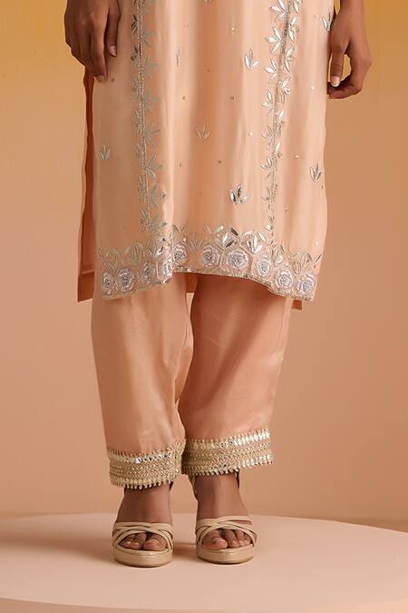Buy OHH CROW Peach Silk, Cotton Gota Patti, Sequins, Embroidery Floral Motif Kurta Pant Set Online at Aza Fashions Buy_OHH CROW_Peach Silk, Cotton Gota Patti, Sequins, Embroidery Floral Motif Kurta Pant Set _Online_at_Aza_Fashions
