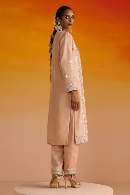 Shop OHH CROW Peach Silk, Cotton Gota Patti, Sequins, Embroidery Floral Motif Kurta Pant Set Online at Aza Fashions Shop_OHH CROW_Peach Silk, Cotton Gota Patti, Sequins, Embroidery Floral Motif Kurta Pant Set _Online_at_Aza_Fashions