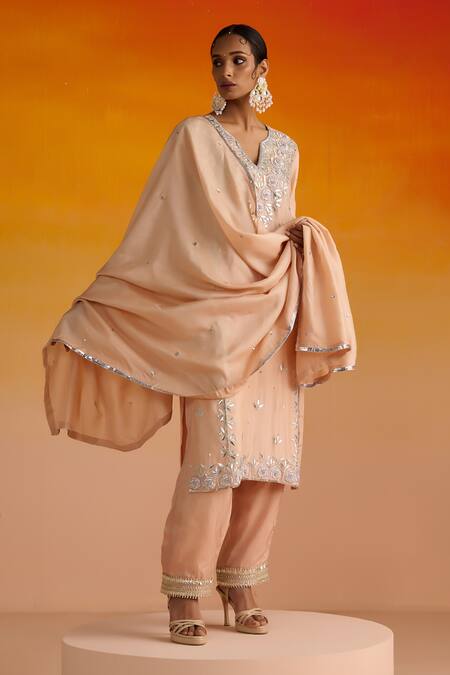 OHH CROW Peach Silk, Cotton Gota Patti, Sequins, Embroidery Floral Motif Kurta Pant Set at Aza Fashions OHH CROW_Peach Silk, Cotton Gota Patti, Sequins, Embroidery Floral Motif Kurta Pant Set _at_Aza_Fashions