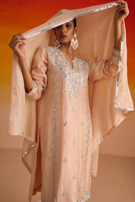 Shop OHH CROW Peach Silk, Cotton Gota Patti, Sequins, Embroidery Floral Motif Kurta Pant Set Shop_OHH CROW_Peach Silk, Cotton Gota Patti, Sequins, Embroidery Floral Motif Kurta Pant Set