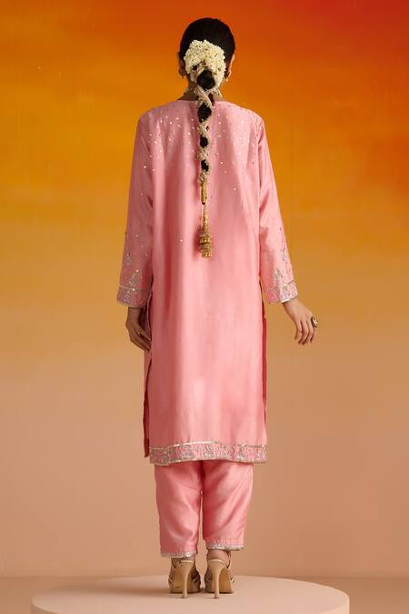 Shop OHH CROW Pink Silk, Cotton Sequins, Diamonds, Zari, Embroidery V-neck Kurta Pant Set at Aza Fashions Shop_OHH CROW_Pink Silk, Cotton Sequins, Diamonds, Zari, Embroidery V-neck Kurta Pant Set _at_Aza_Fashions