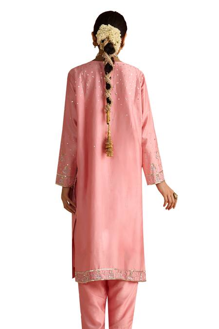 OHH CROW Pink Silk, Cotton Sequins, Diamonds, Zari, Embroidery V-neck Kurta Pant Set Online at Aza Fashions OHH CROW_Pink Silk, Cotton Sequins, Diamonds, Zari, Embroidery V-neck Kurta Pant Set _Online_at_Aza_Fashions