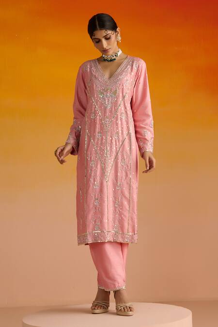 Buy OHH CROW Pink Silk, Cotton Sequins, Diamonds, Zari, Embroidery V-neck Kurta Pant Set Online at Aza Fashions Buy_OHH CROW_Pink Silk, Cotton Sequins, Diamonds, Zari, Embroidery V-neck Kurta Pant Set _Online_at_Aza_Fashions