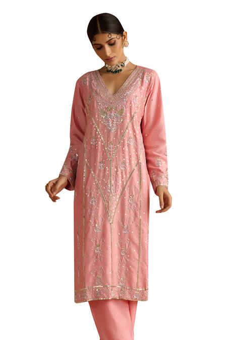 OHH CROW Pink Silk, Cotton Sequins, Diamonds, Zari, Embroidery V-neck Kurta Pant Set at Aza Fashions OHH CROW_Pink Silk, Cotton Sequins, Diamonds, Zari, Embroidery V-neck Kurta Pant Set _at_Aza_Fashions