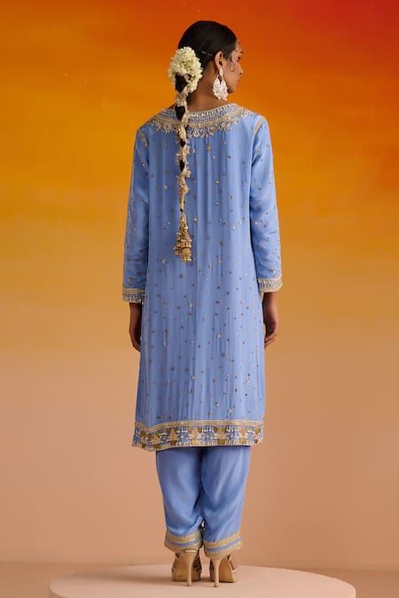 Shop OHH CROW Blue Crepe, Cotton, Chiffon Sequins, Zari, Embroidery V-neck Kurta Pant Set at Aza Fashions Shop_OHH CROW_Blue Crepe, Cotton, Chiffon Sequins, Zari, Embroidery V-neck Kurta Pant Set _at_Aza_Fashions