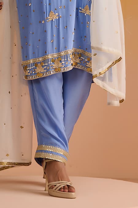 OHH CROW Blue Crepe, Cotton, Chiffon Sequins, Zari, Embroidery V-neck Kurta Pant Set Online at Aza Fashions OHH CROW_Blue Crepe, Cotton, Chiffon Sequins, Zari, Embroidery V-neck Kurta Pant Set _Online_at_Aza_Fashions
