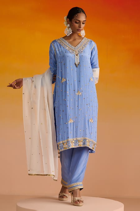 Shop OHH CROW Blue Crepe, Cotton, Chiffon Sequins, Zari, Embroidery V-neck Kurta Pant Set Online at Aza Fashions Shop_OHH CROW_Blue Crepe, Cotton, Chiffon Sequins, Zari, Embroidery V-neck Kurta Pant Set _Online_at_Aza_Fashions