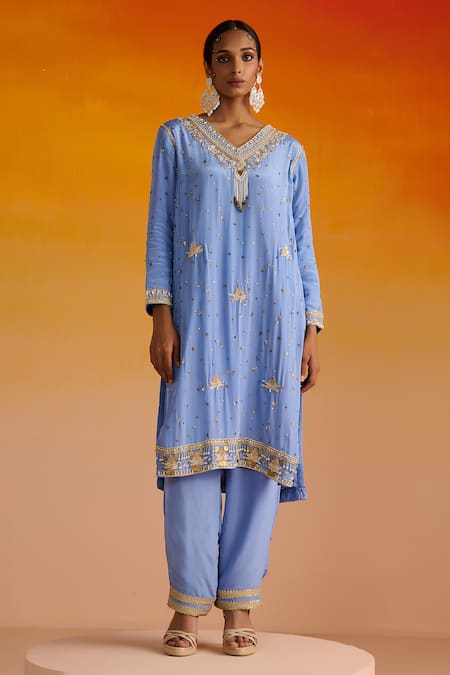 OHH CROW Blue Crepe, Cotton, Chiffon Sequins, Zari, Embroidery V-neck Kurta Pant Set at Aza Fashions OHH CROW_Blue Crepe, Cotton, Chiffon Sequins, Zari, Embroidery V-neck Kurta Pant Set _at_Aza_Fashions