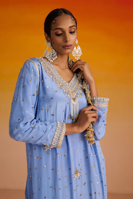 Buy OHH CROW Blue Crepe, Cotton, Chiffon Sequins, Zari, Embroidery V-neck Kurta Pant Set Buy_OHH CROW_Blue Crepe, Cotton, Chiffon Sequins, Zari, Embroidery V-neck Kurta Pant Set