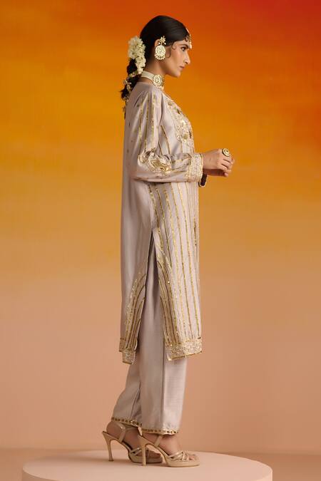 OHH CROW Grey Silk, Cotton Sequins, Diamonds, Zari, Embroidery Scoop Neck Hand Kurta Set Online at Aza Fashions OHH CROW_Grey Silk, Cotton Sequins, Diamonds, Zari, Embroidery Scoop Neck Hand Kurta Set _Online_at_Aza_Fashions